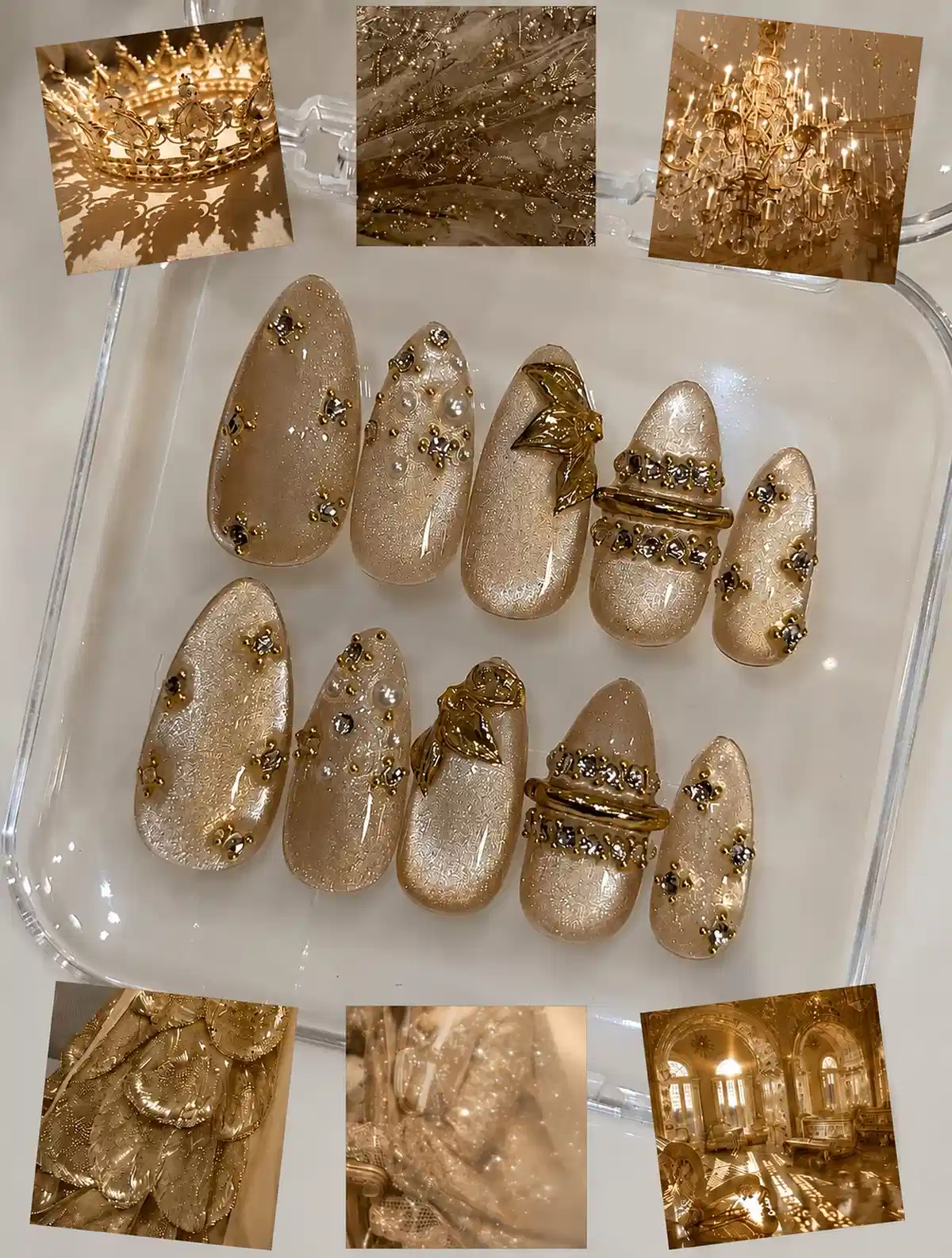 Champagne-gold set with raised gold bows and bead accents