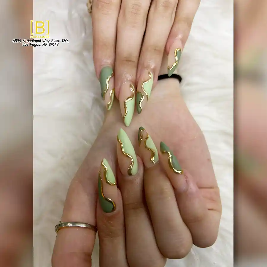 Light Green and Nude Nails with Raised Gold Waves