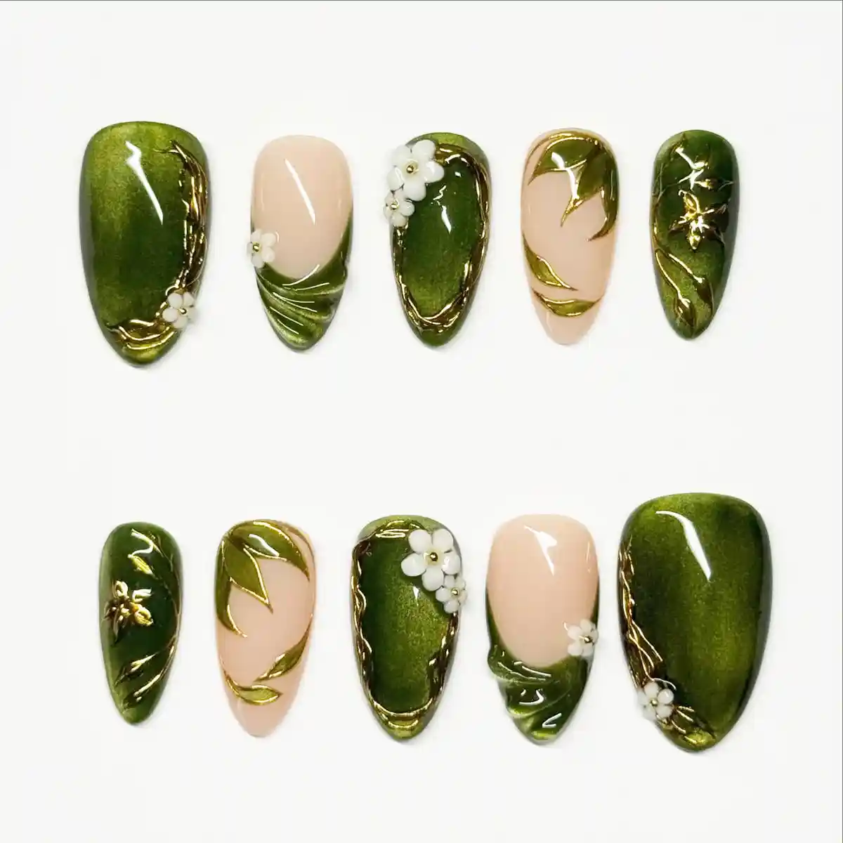Olive Green and Nude Nail Tip Set with Gold Frames and White Flowers