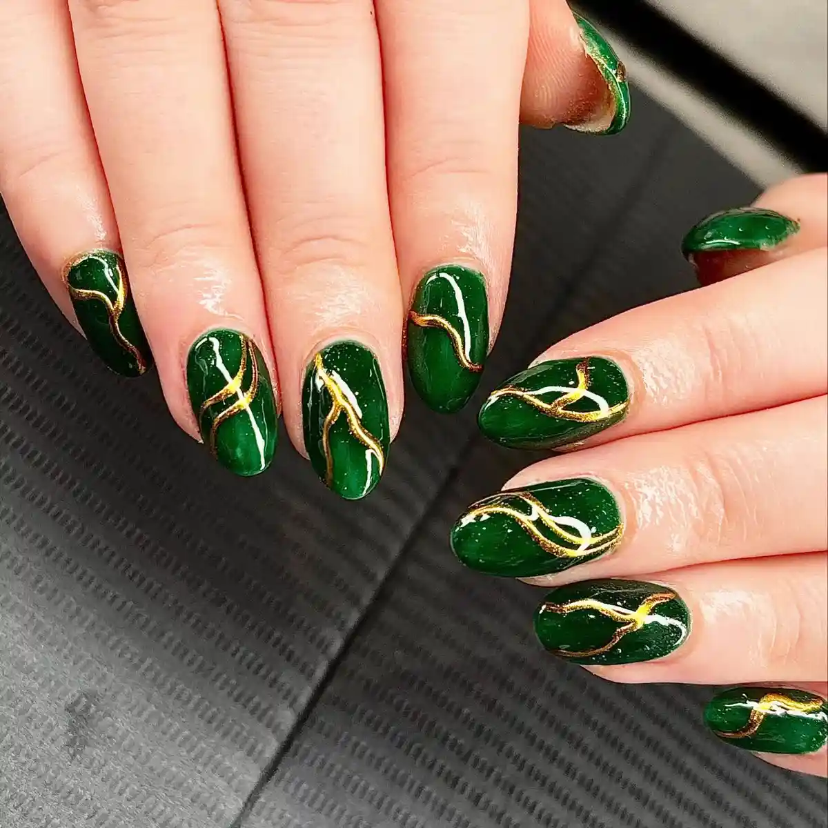 Dark Green Nails with Gold Wavy Line Art