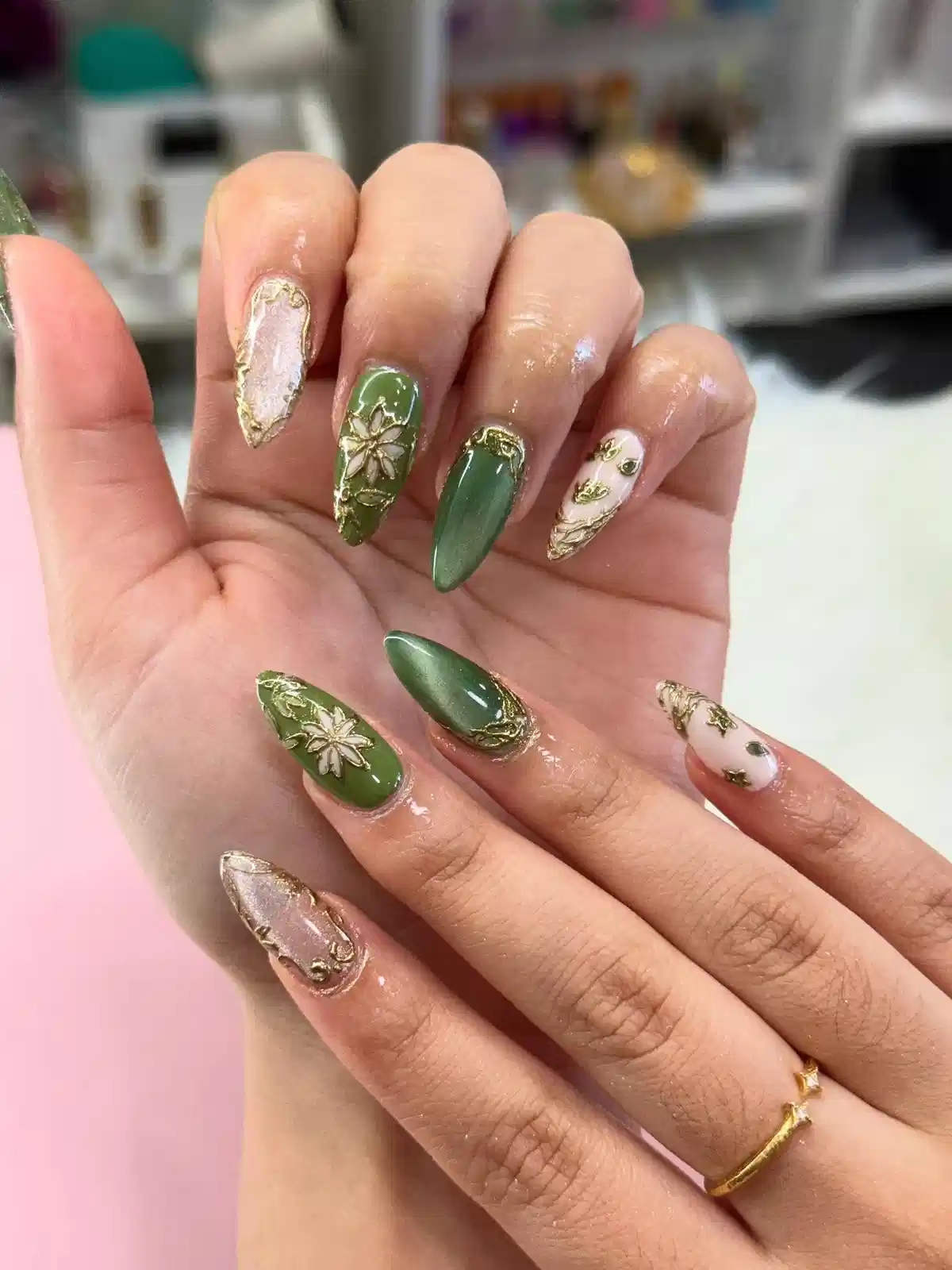Mixed Green and Nude Set with Gold Floral Accents