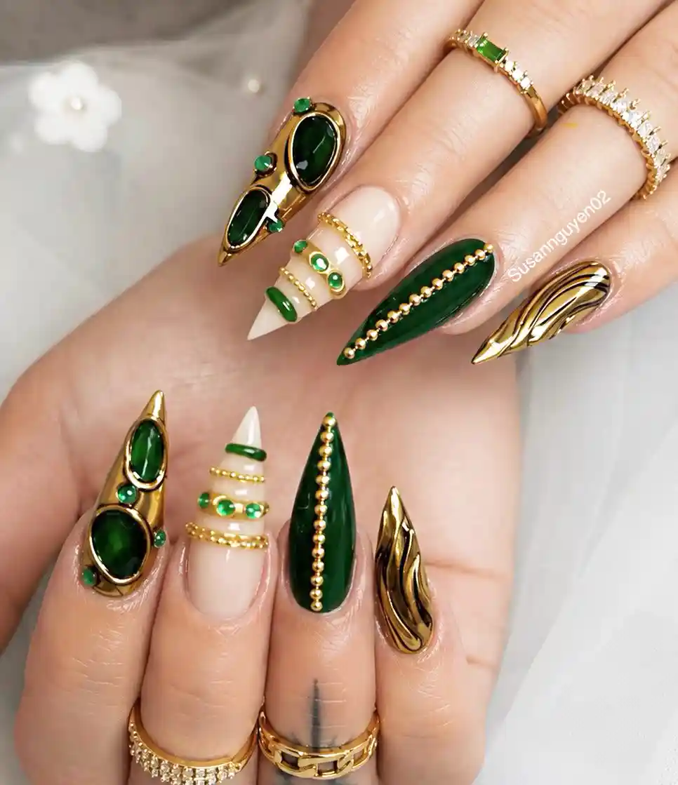 3D Gold Sculptural Nails with Dark Green Insets and Gold Beading