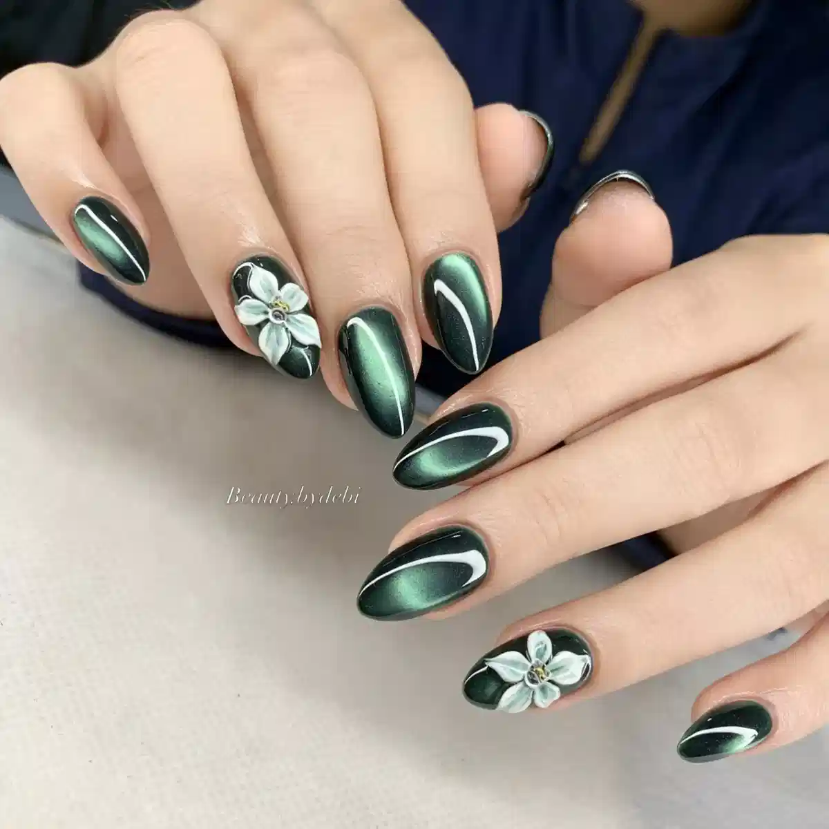 Dark green reflective stripe with white florals