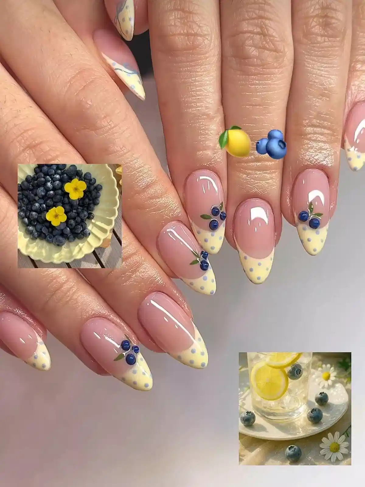 Polka-dot French tips with blueberry motifs (collage layout)