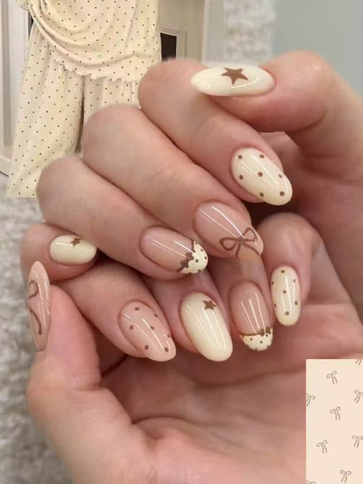 Cream-and-nude set with polka dots, stars, and bow line art