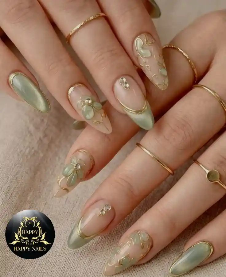 Soft green metallic look with gold outlines and raised florals