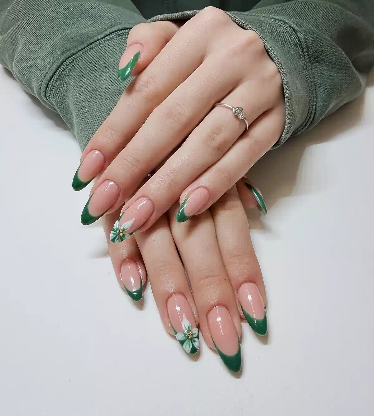 Green French Tips with White Floral Accents