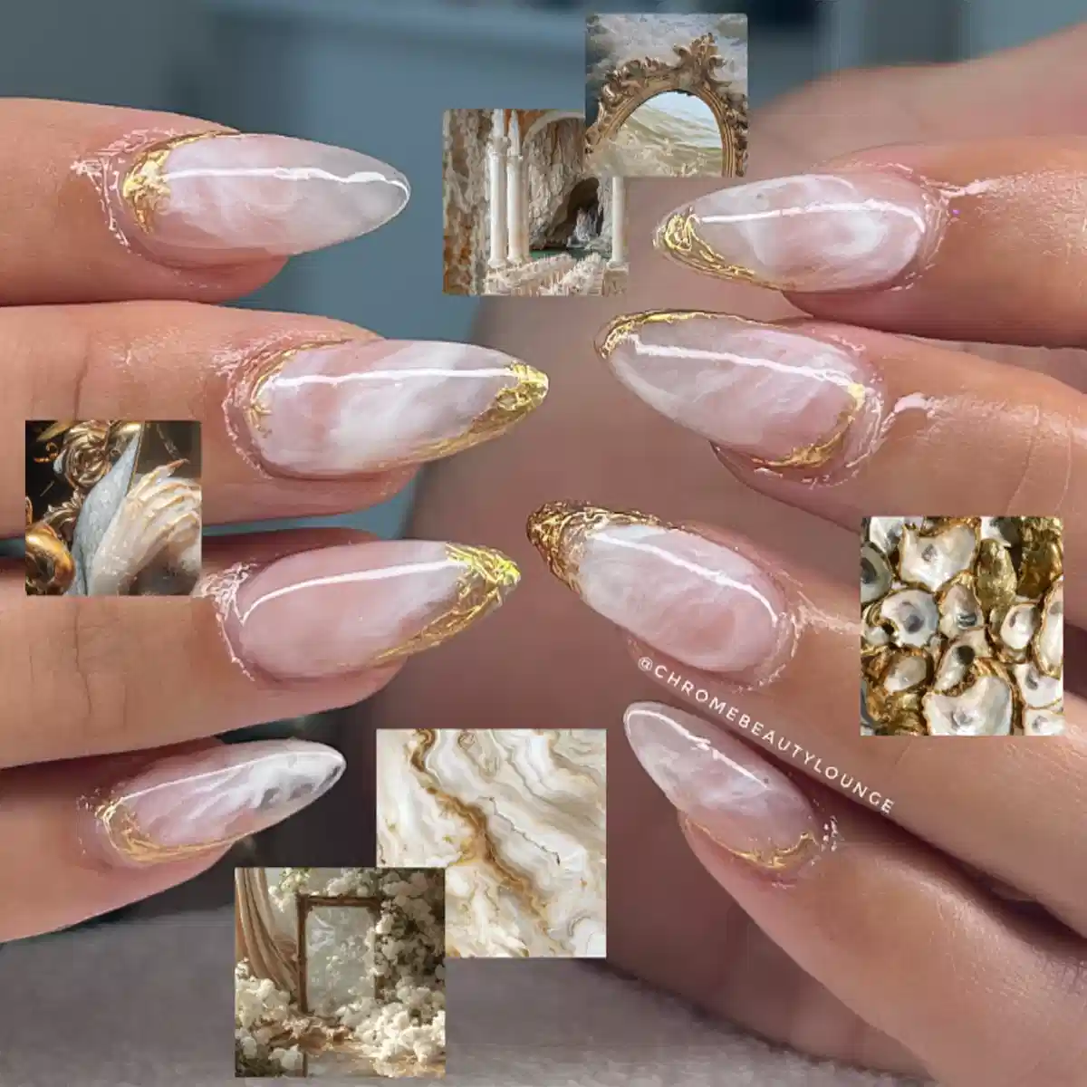 Milky white almond nails with irregular gold edging and collage insets