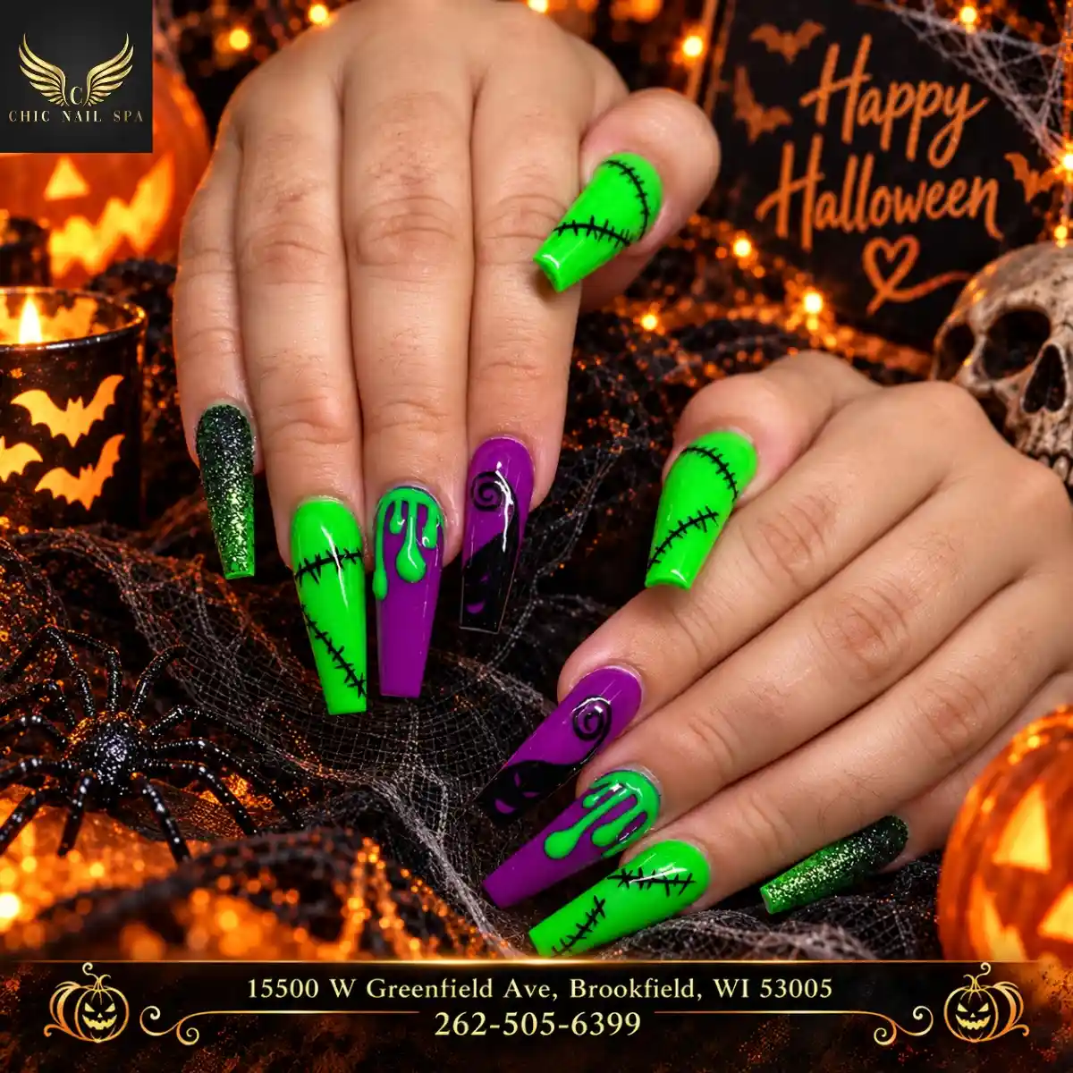 Neon green and purple set with drips and stitch lines