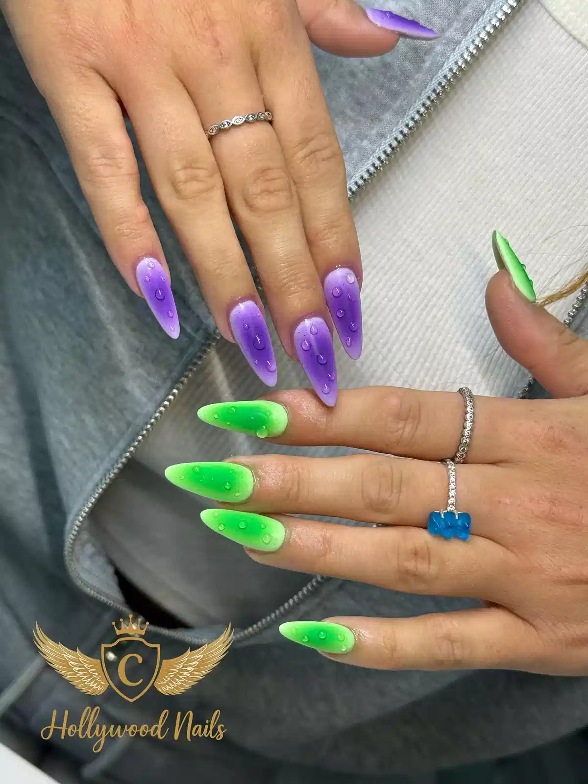 Purple and neon green ombré with raised droplet details