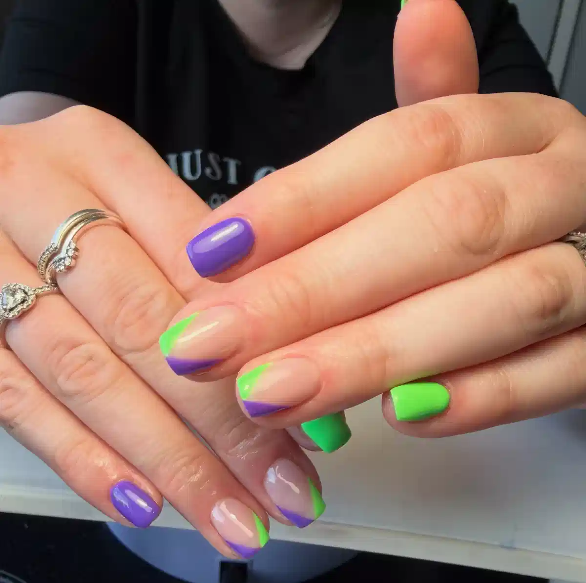 Purple and Neon Green Color-Block Tips