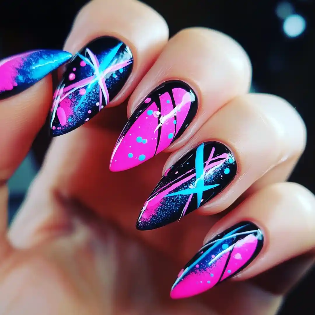 Neon pink and teal lines on black
