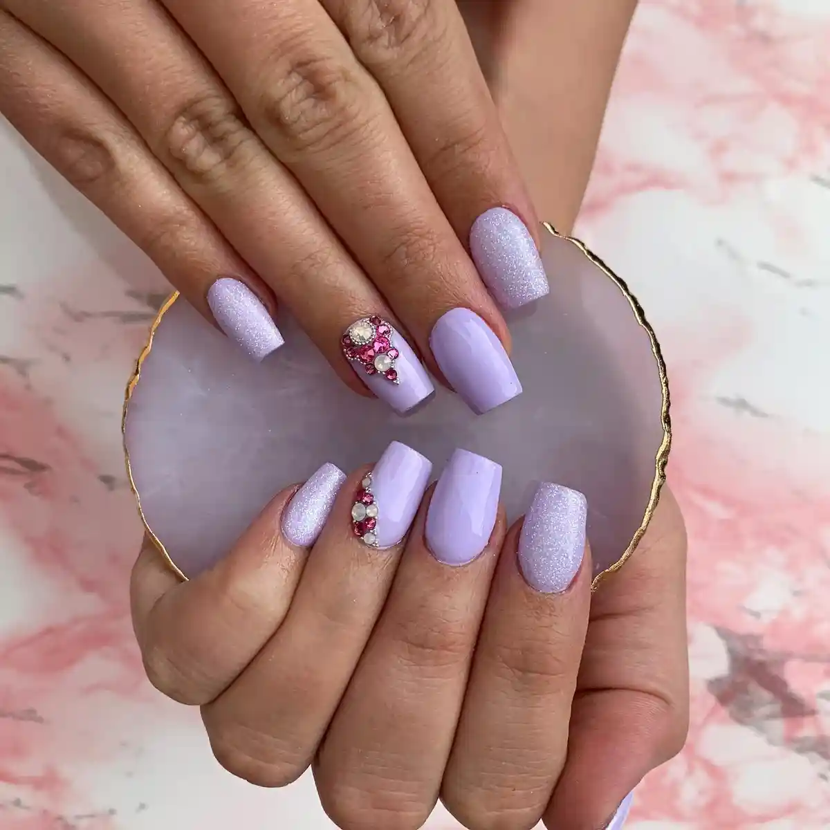 Square pastel lavender with shimmery accents and pink rhinestones