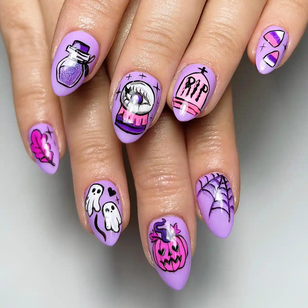 Pastel purple graphic set with black outlines and "RIP" text