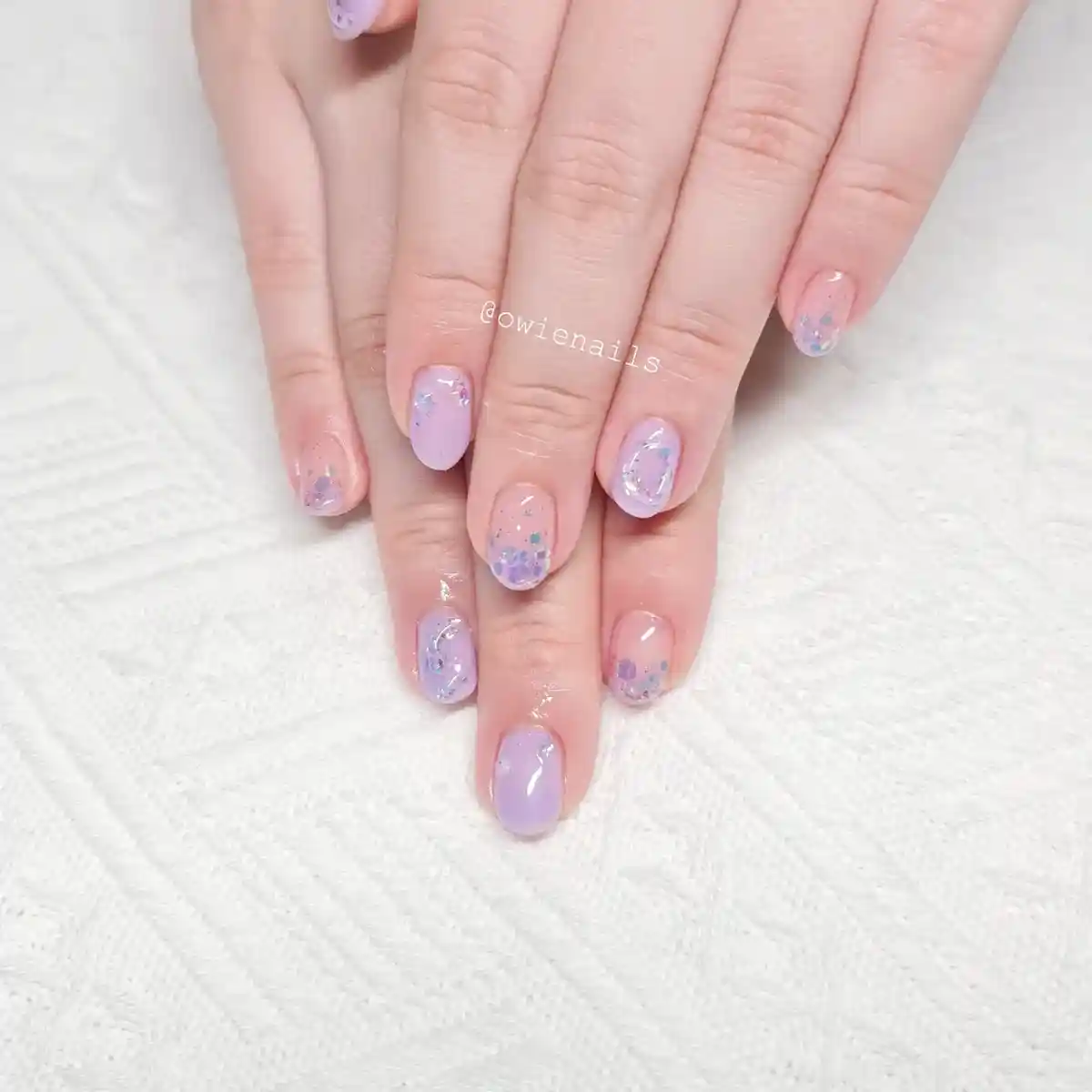 Short sheer nude and pastel lavender with confetti-like flecks