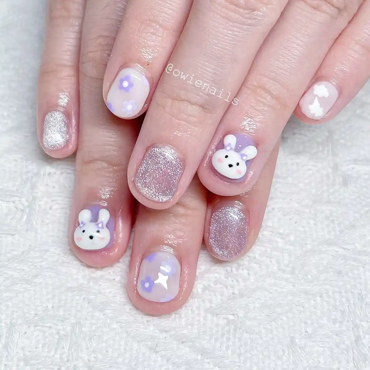 Short pastel lavender florals with bunny 3D accents and glitter