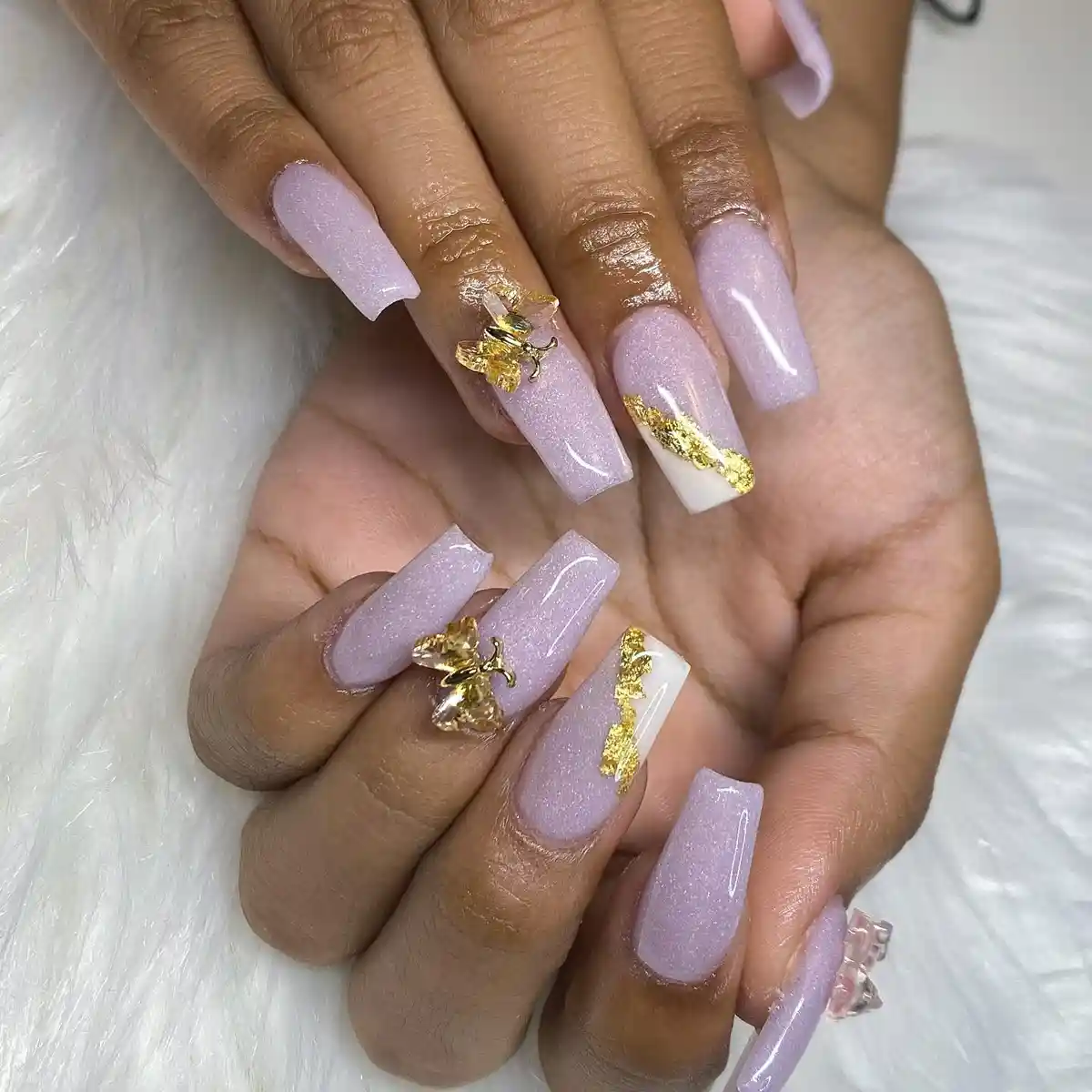 Long shimmery pastel lavender with gold foil and bee charms