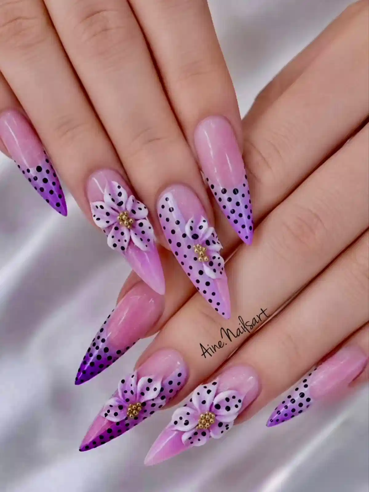 Stiletto ombré with black polka dots and 3D flowers