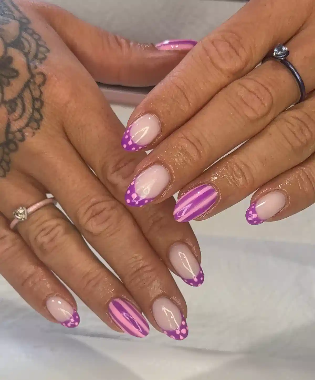 Nude and Purple French Tips with Dotted Edges and Stripes