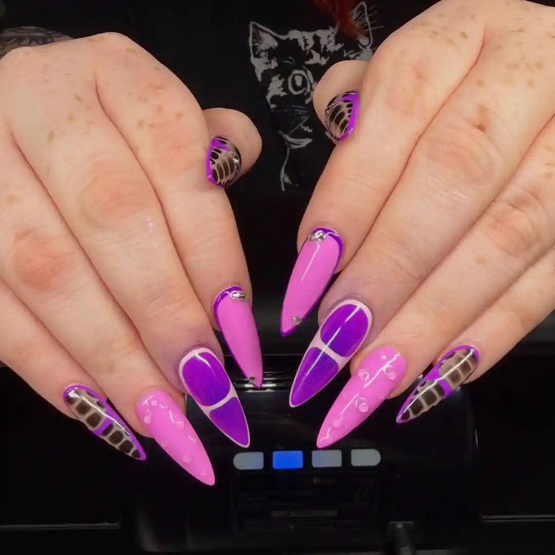Glossy pink and purple mix with animal-print accents