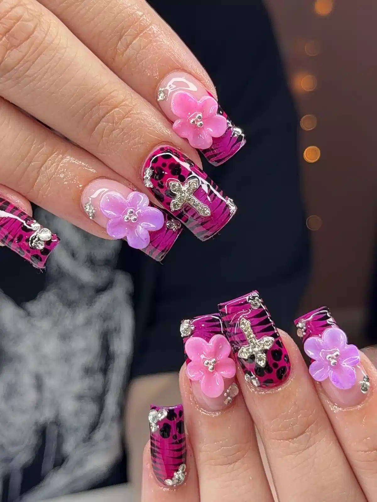 Hot pink and purple with 3D flowers and rhinestones
