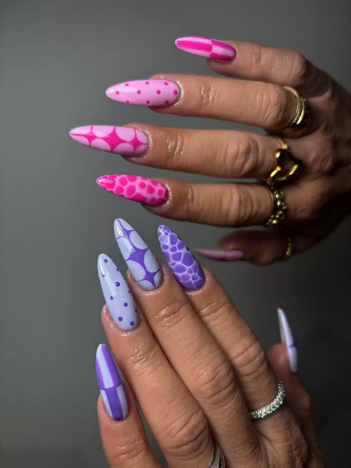Coordinated pink and lavender patterned sets (dots and geometric/spot prints)
