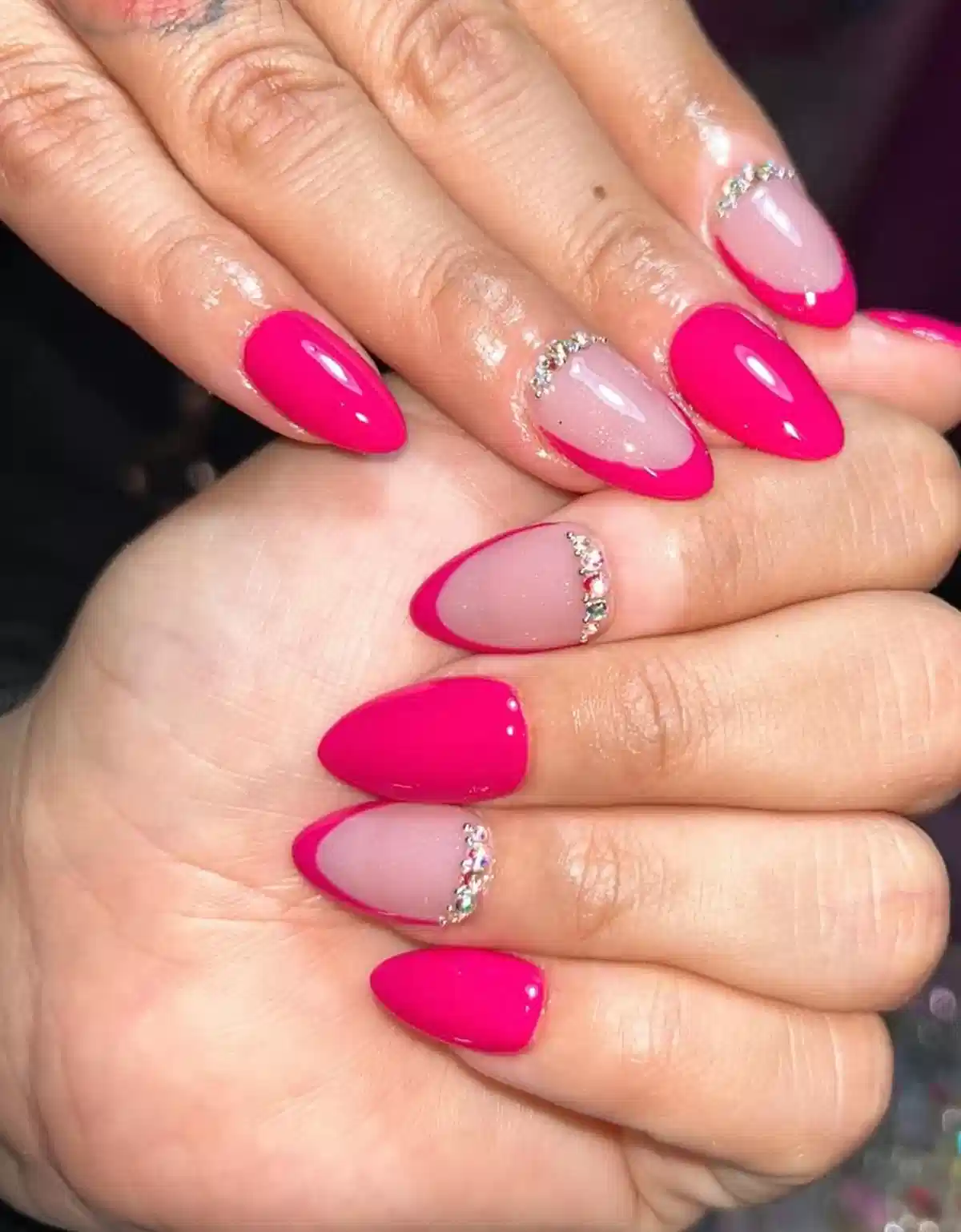 Hot pink solids with rhinestone-accent French tips