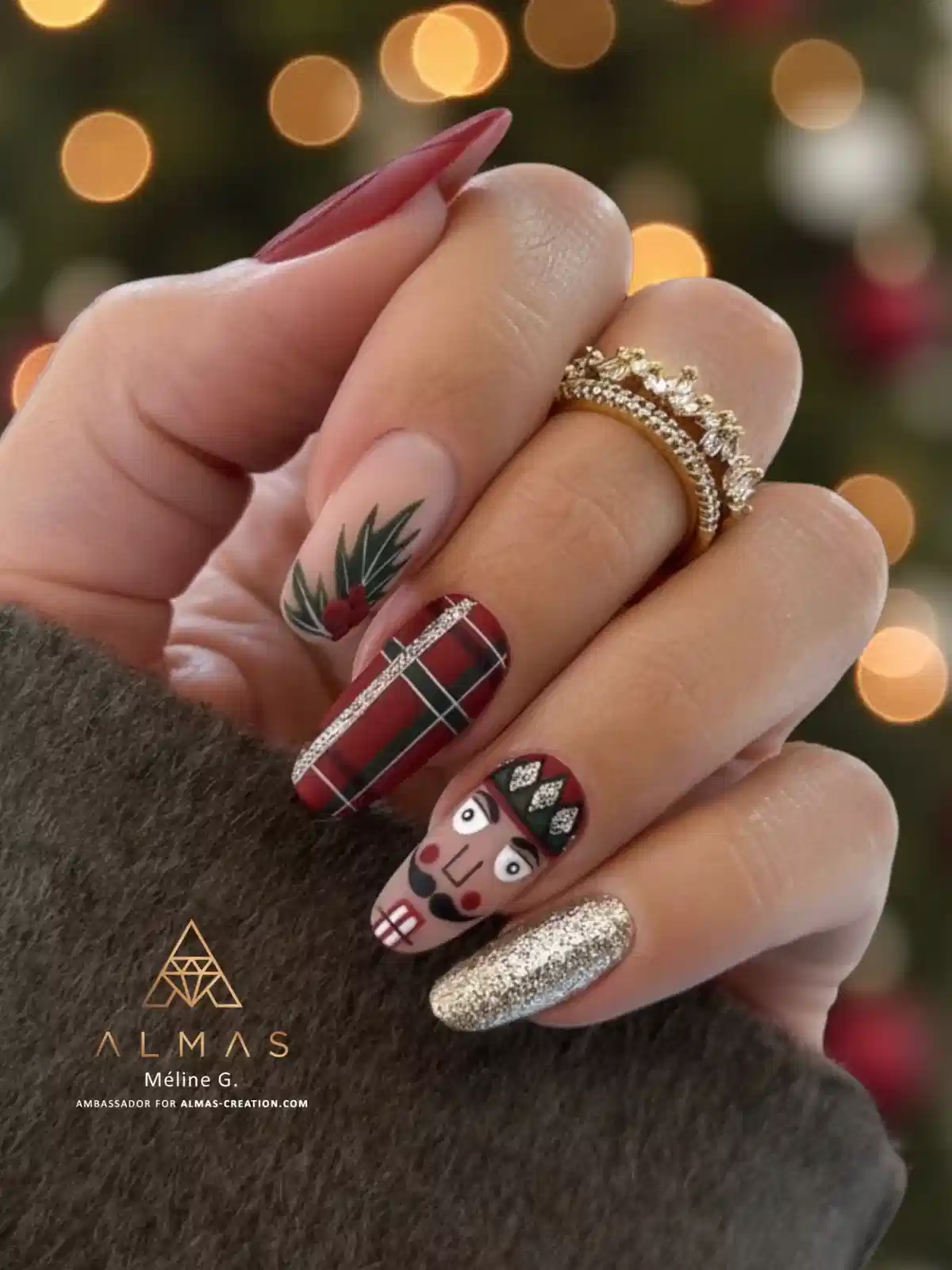 Red-and-green plaid with nutcracker and silver glitter accent