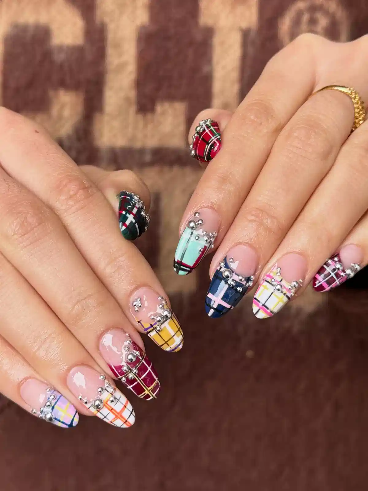 Multi-color plaid tips with silver bead clusters