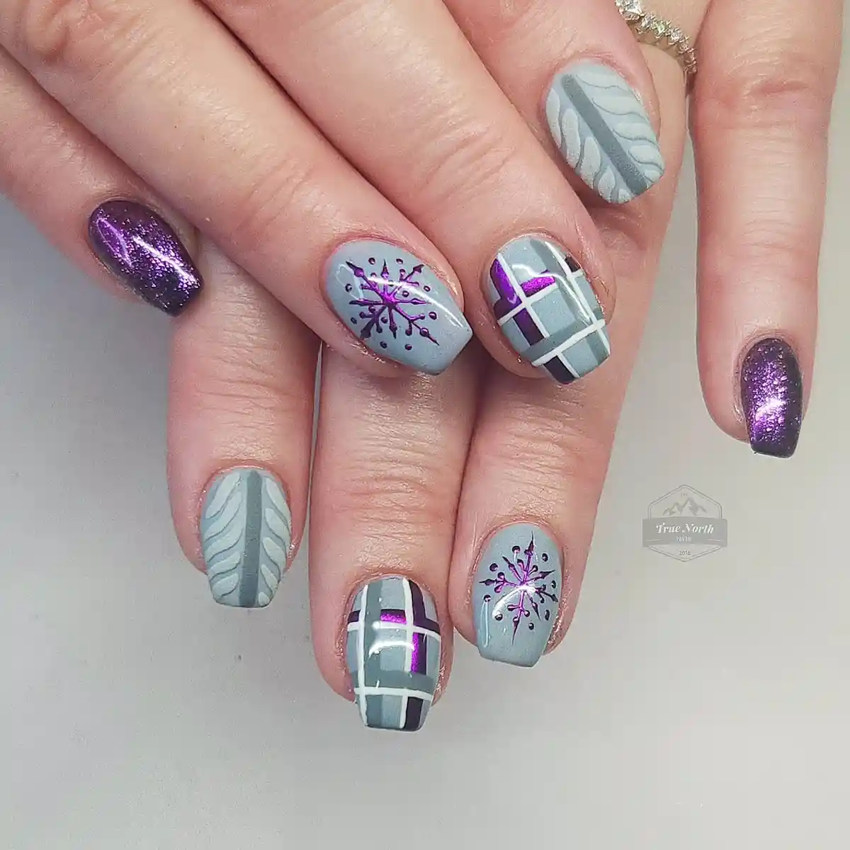 Cool gray plaid with metallic purple and snowflakes
