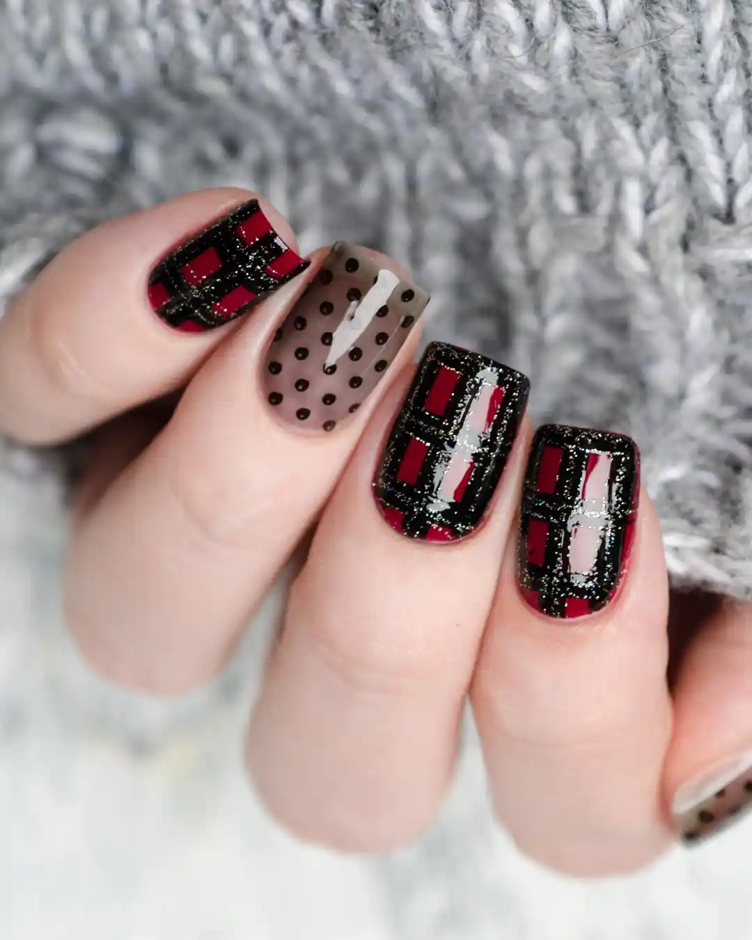 Black and Red Plaid with Glitter and Polka-Dot Accent