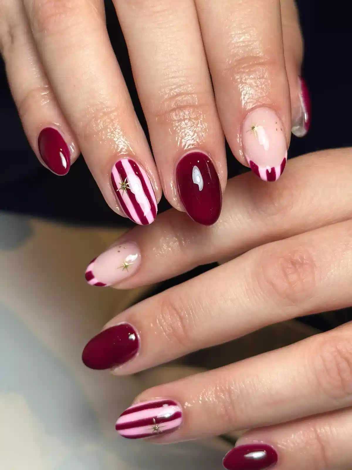 Burgundy and Pink Stripes with Gold Star Stud Accents