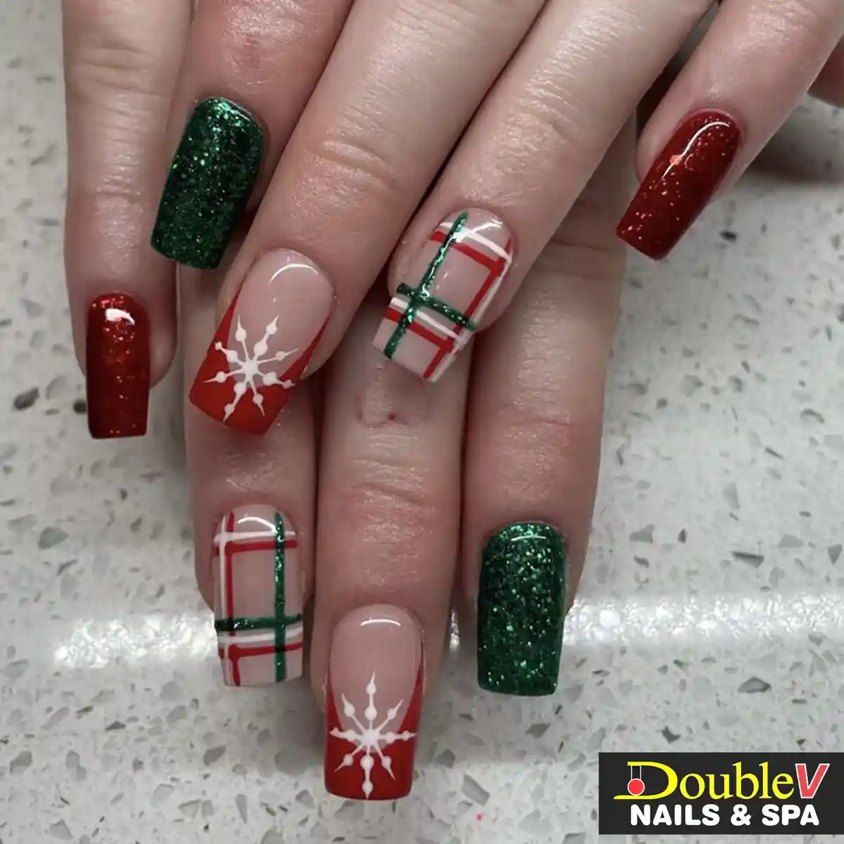 Red and Green Glitter with Nude Plaid and Snowflake Tips