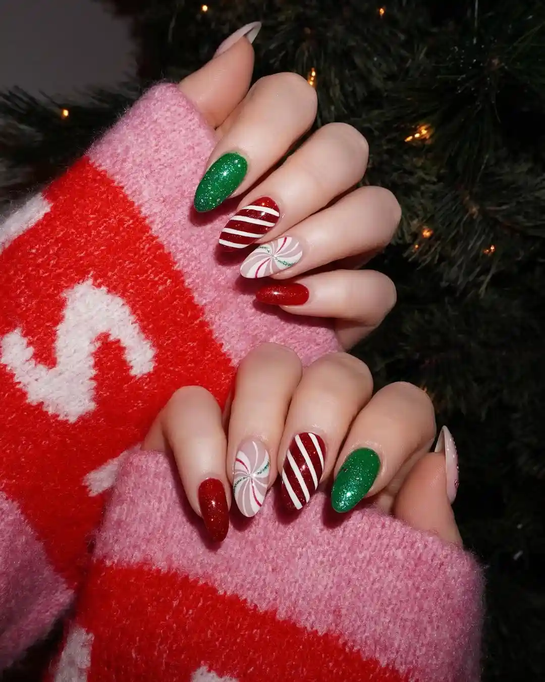 Glitter Solids and Candy-Stripe/Swirl Nail Art (No Plaid Visible)