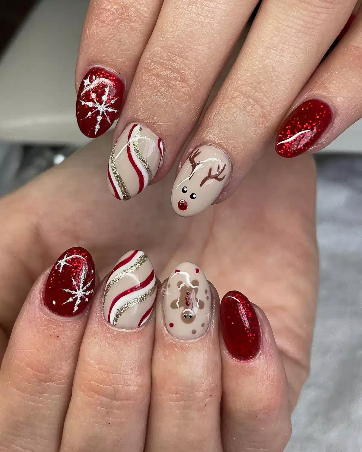 Red Glitter and Cream Nails with Snowflakes and Character Art