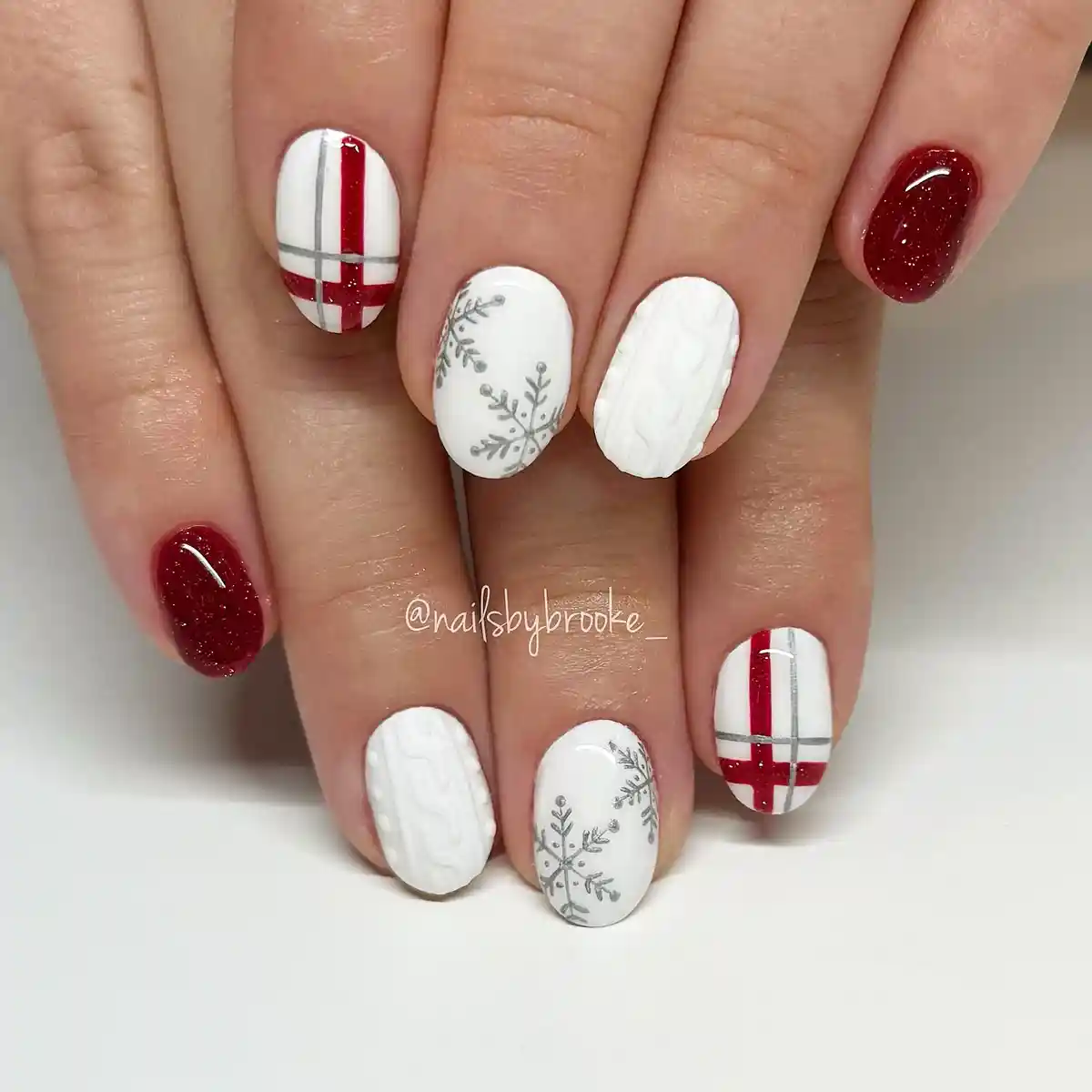 White Plaid with Red Glitter Stripes and Snowflake Accents