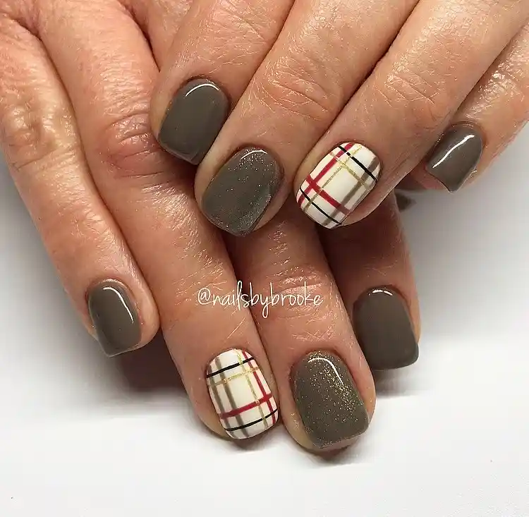 Neutral Taupe Nails with Cream Plaid Accents