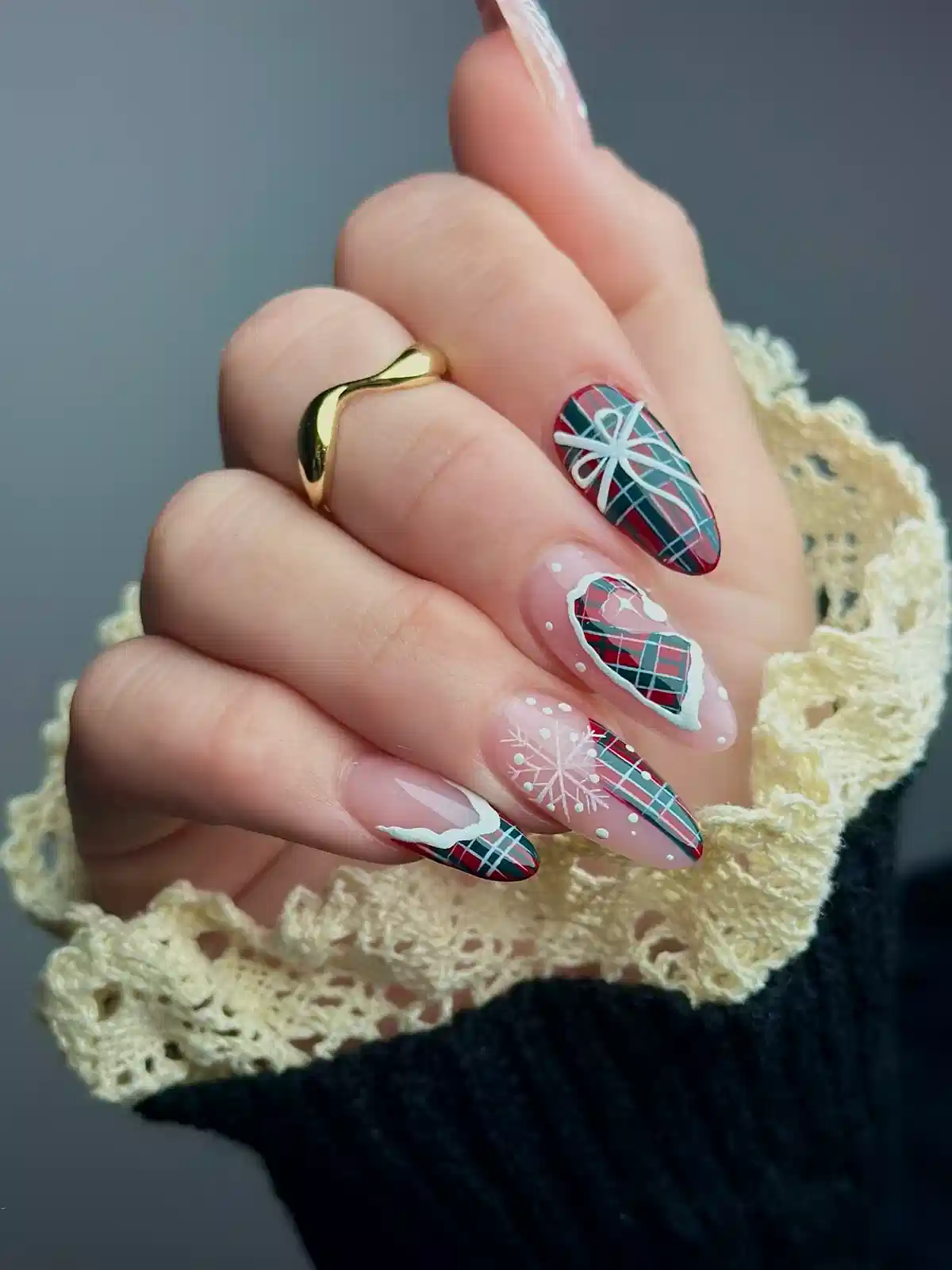 Plaid French Tips with Bow and Snowflake Accents