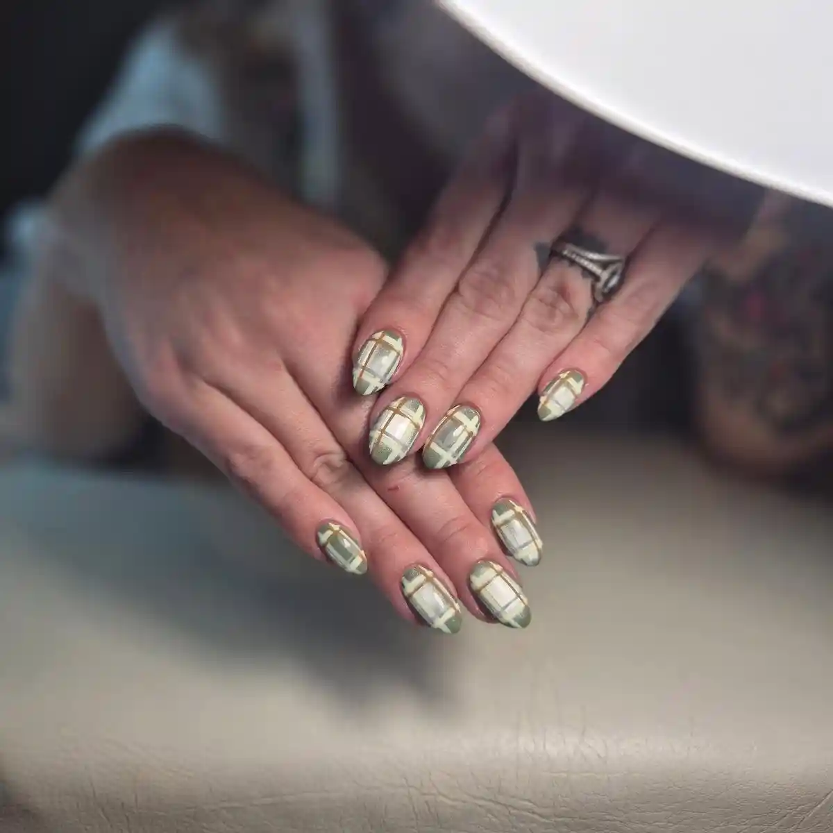 Soft Sage Plaid with Thin Gold Line Accents