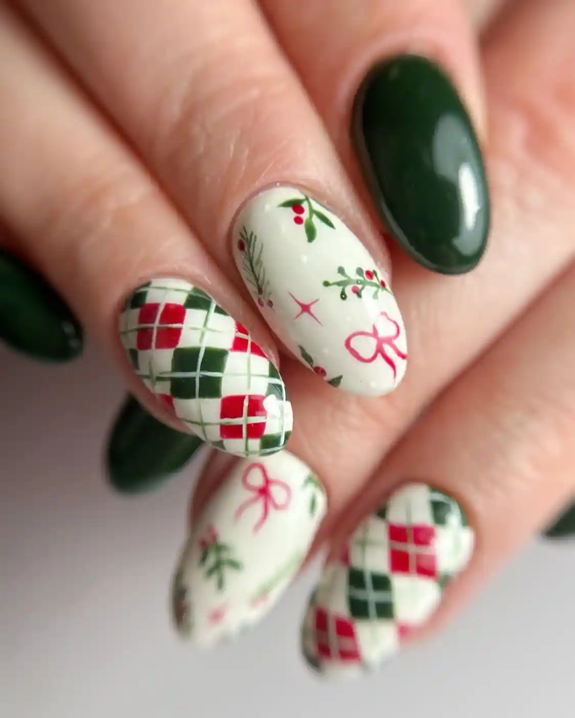 Green-and-Red Grid Plaid with Botanical and Bow Accents