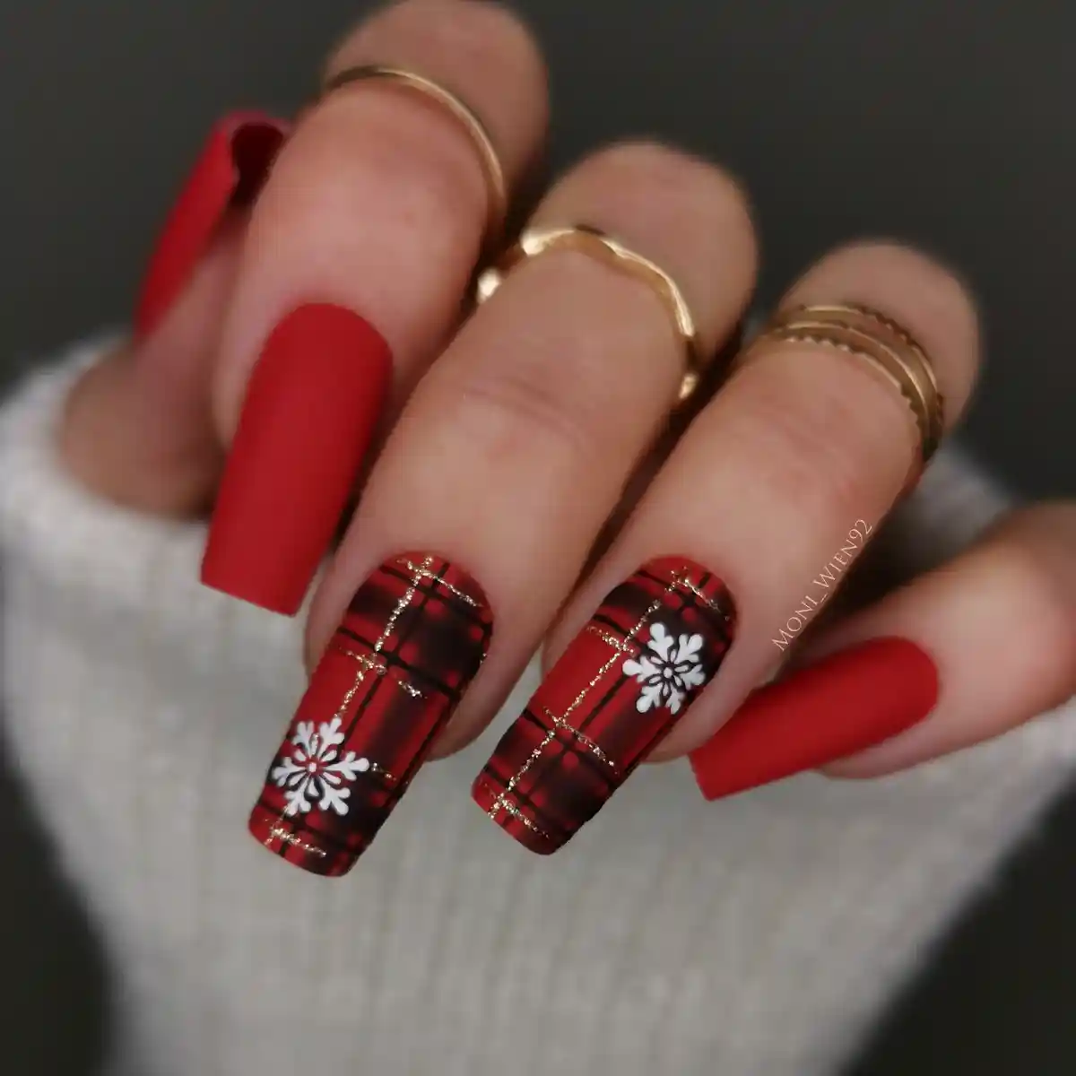 Matte Red with Gold-Lined Plaid and Snowflakes