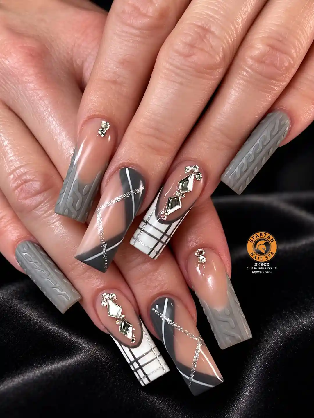 Gray Textured Set with White Plaid and Rhinestones