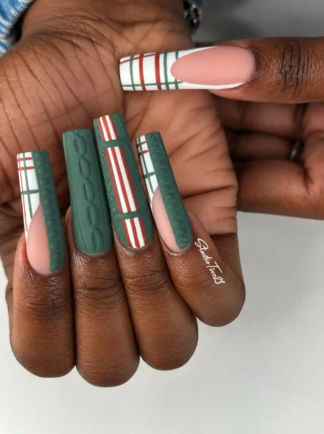 Matte Green Textured Nails with Red-and-Green Plaid Striping