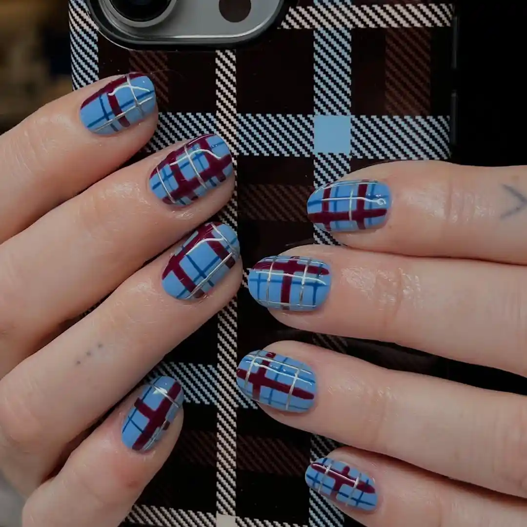 Light Blue Plaid Nails Paired with a Plaid Phone Case