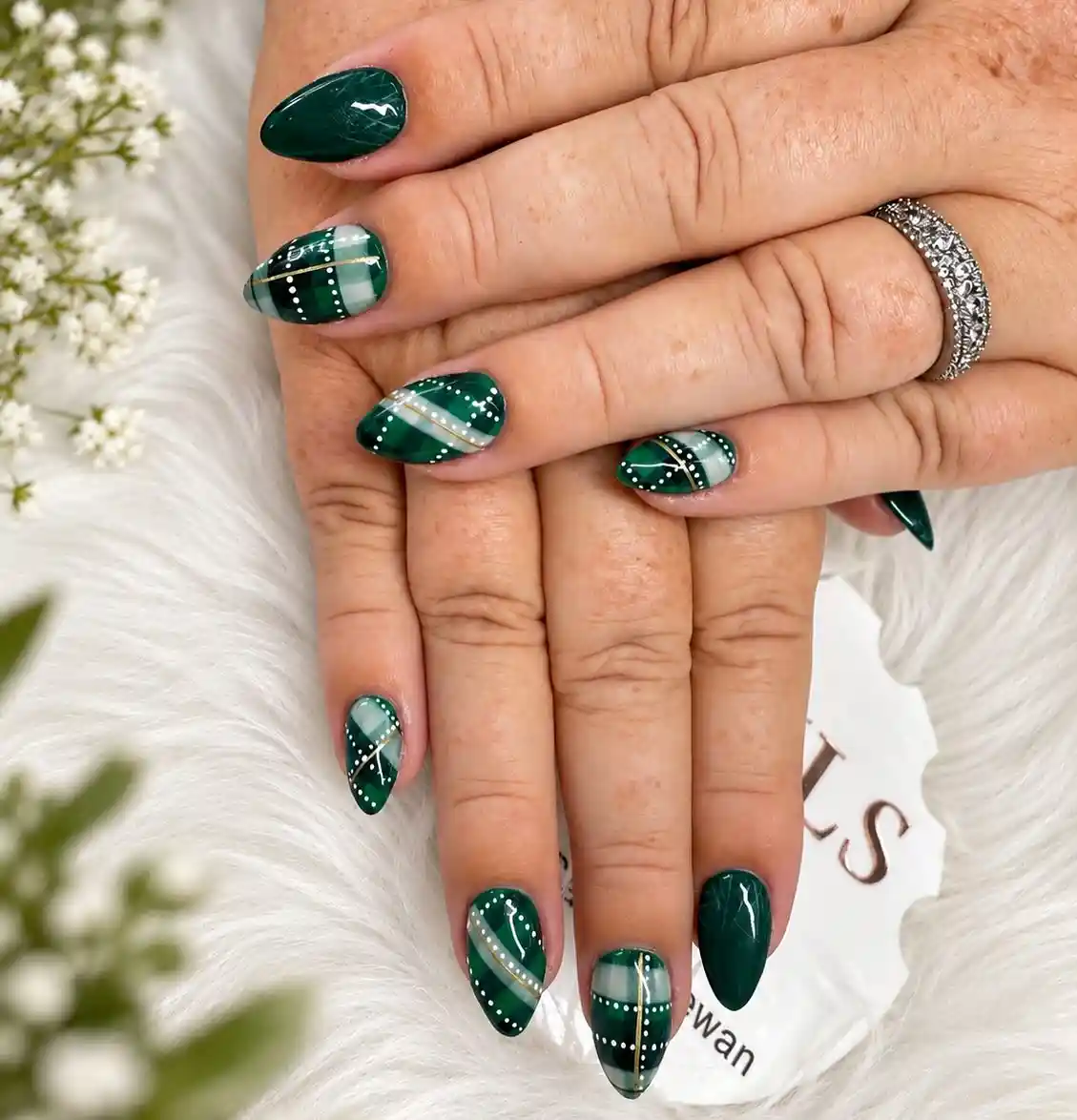 Dark Green Plaid with Dots and Gold Striping