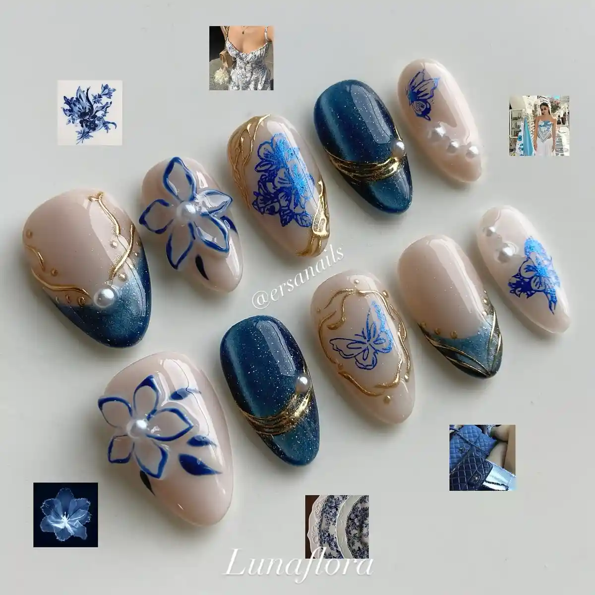 Nude and navy set with blue florals and gold accents