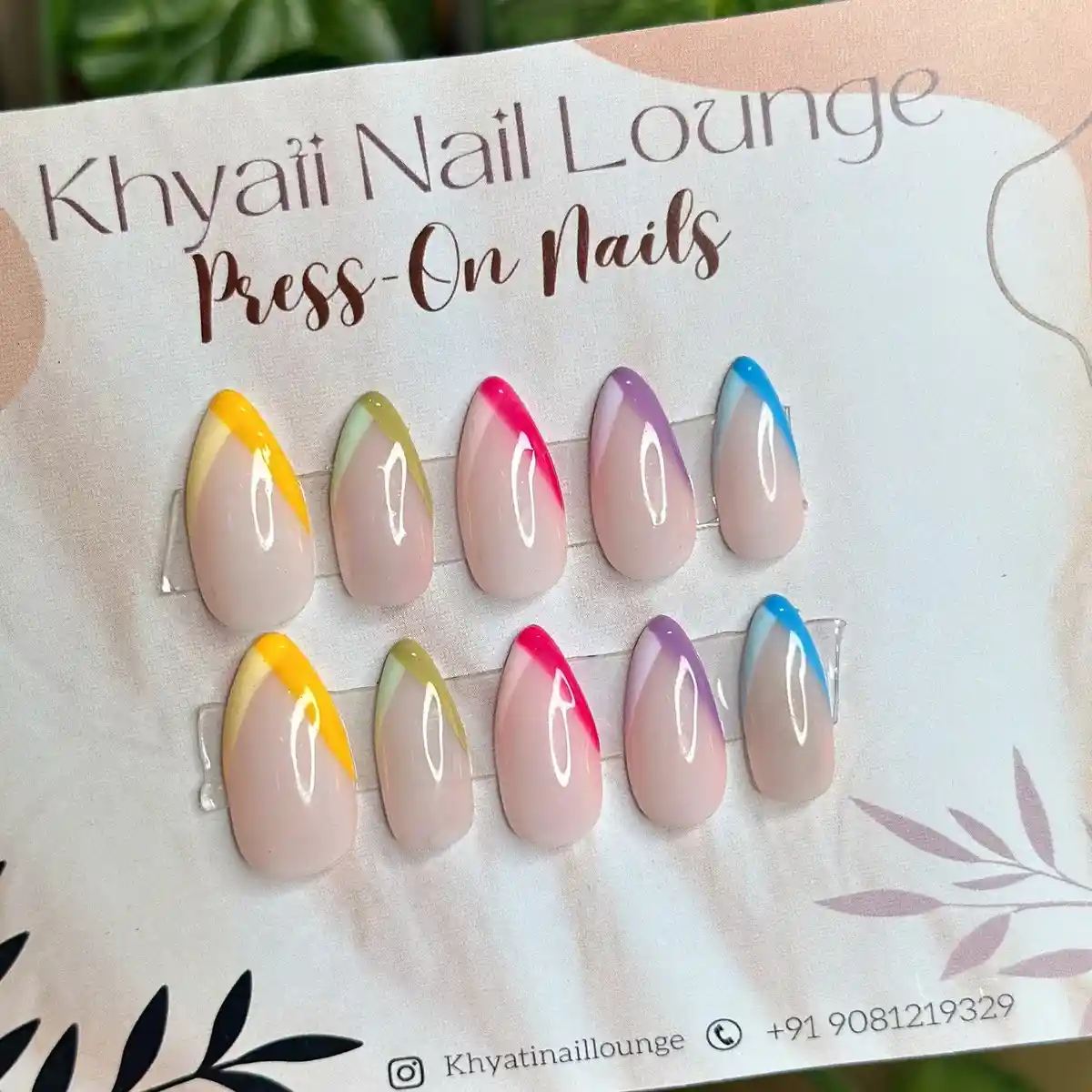 Rainbow diagonal-tip French style set on display card