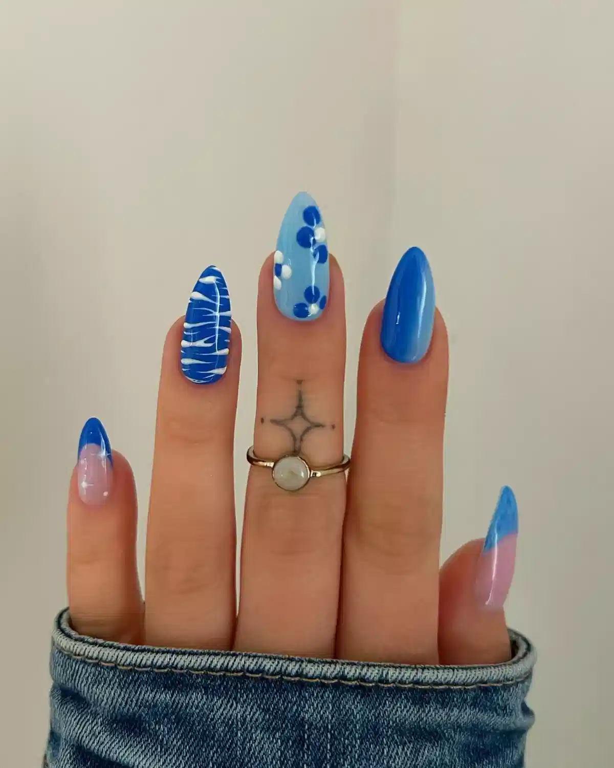 Mixed blue set with zebra stripes, dots, and gradient tips