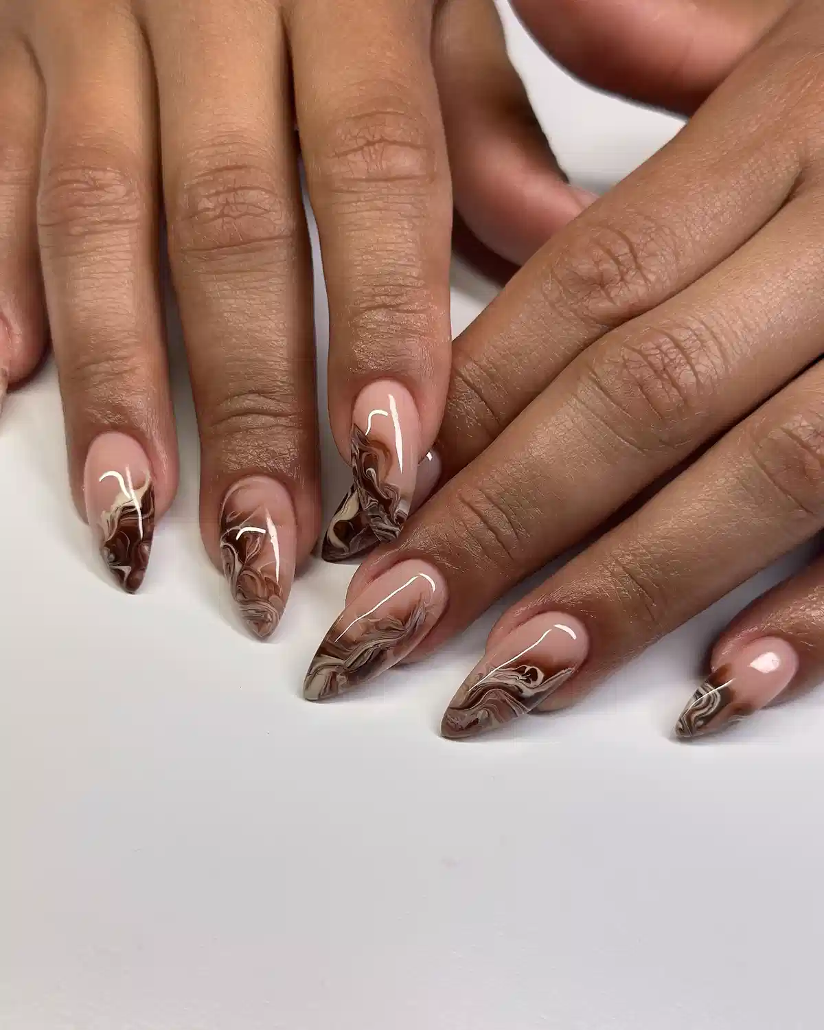 Nude Base with Brown Marble Swirl Tips