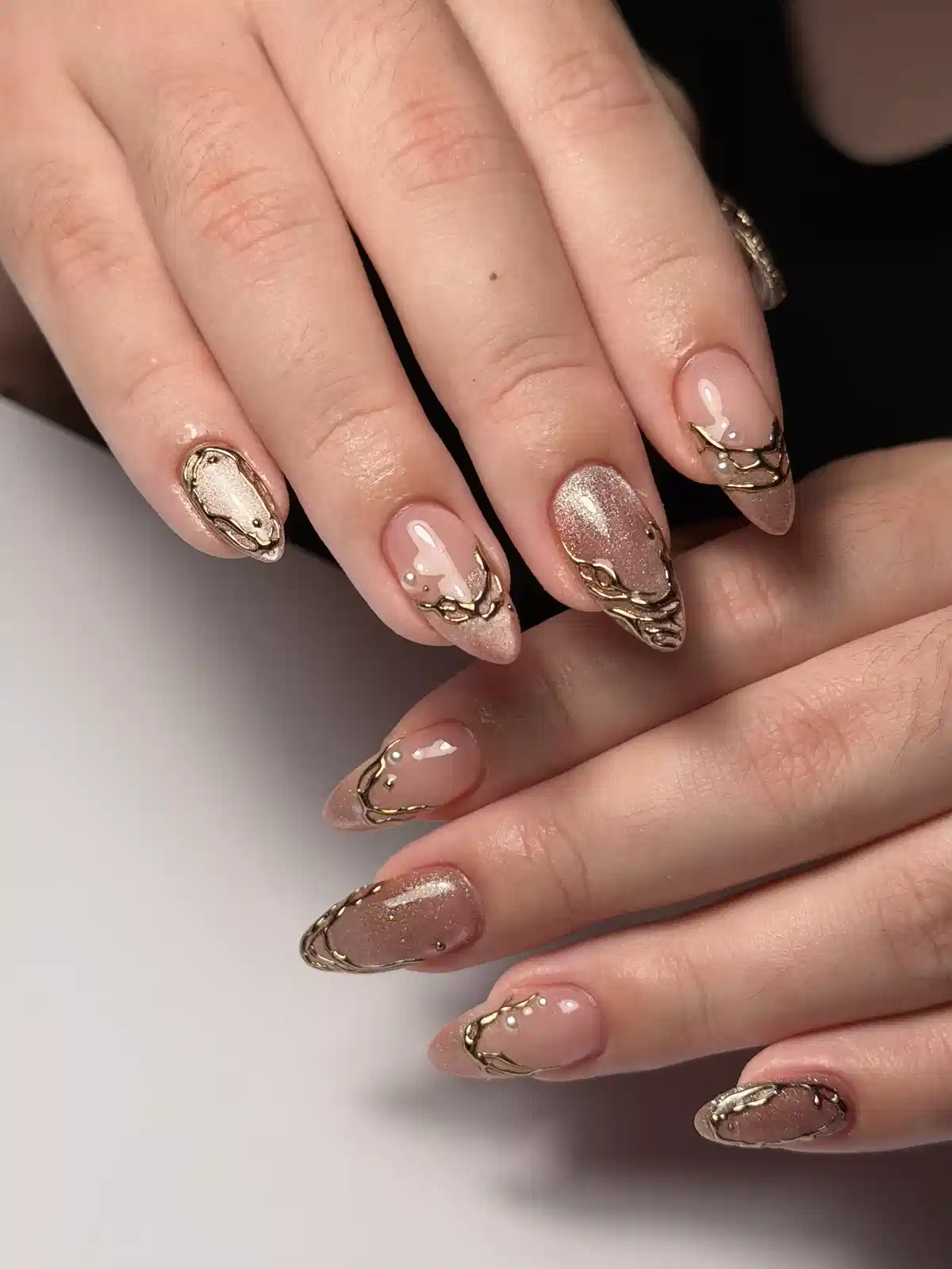 Nude and champagne glitter with raised gold chain edging